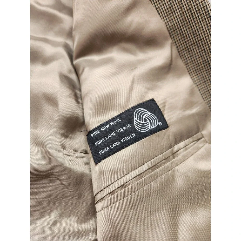 Chaps Ralph Lauren 100% Wool Houndstooth Double Breasted Blazer Brown Lined 44L